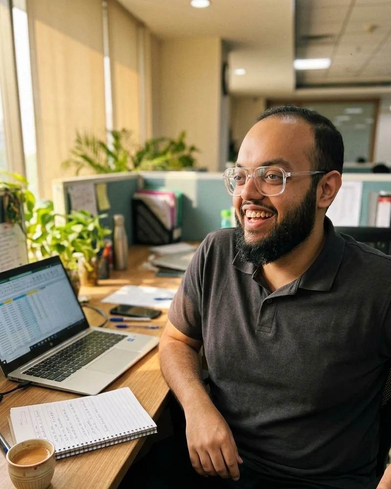 AI-generated portrait of Abhishek Singh at his desk with a laptop