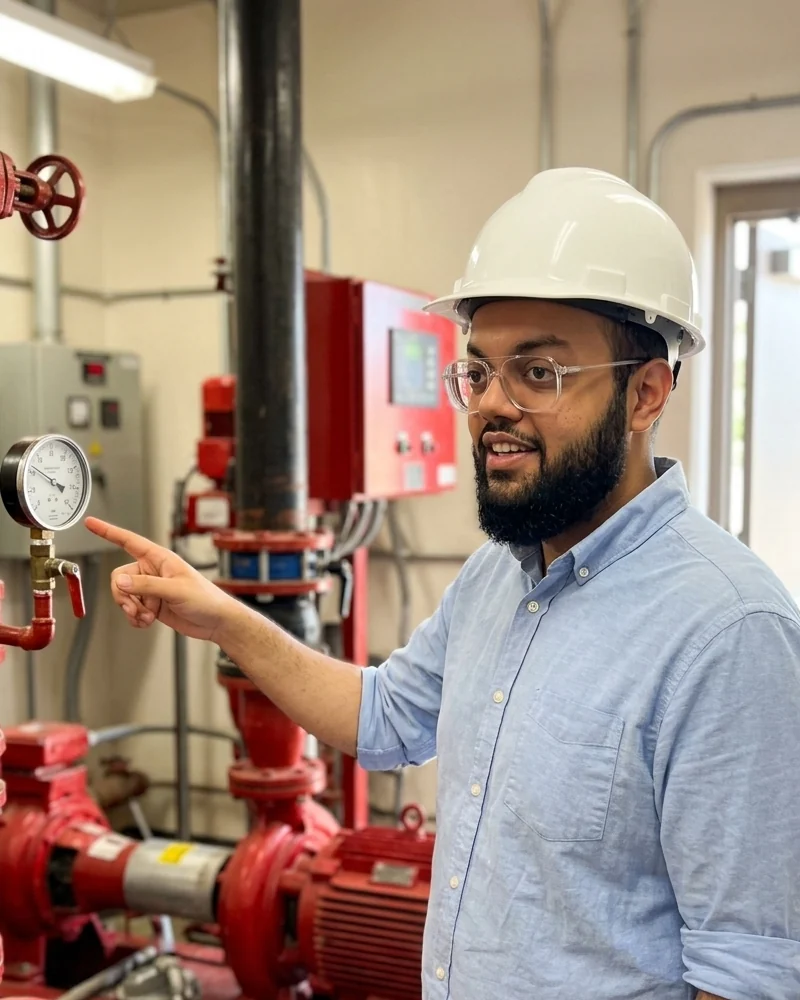 AI-generated portrait of Abhishek Singh in a fire pump room, wearing a white safety helmet